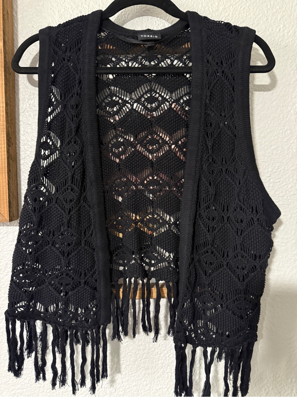 Torrid Size 2 Black Crochet Fringe Open Front Boho Vest